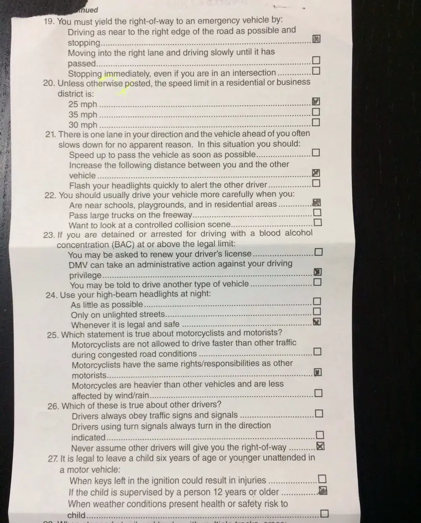 samples of driver license written tests